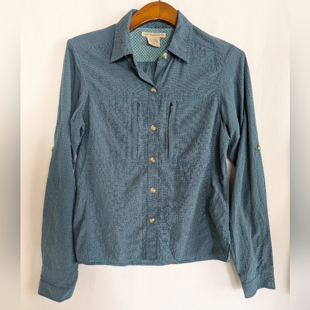 Exofficio Women's Small Petite Teal Sun Hiking  Shirt Breathable Light Button